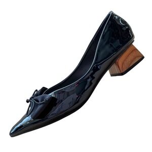 C Paravano Black Patent Leather Chic‎ Pointed Toe Bow Block Heel Women Sz235-6.5